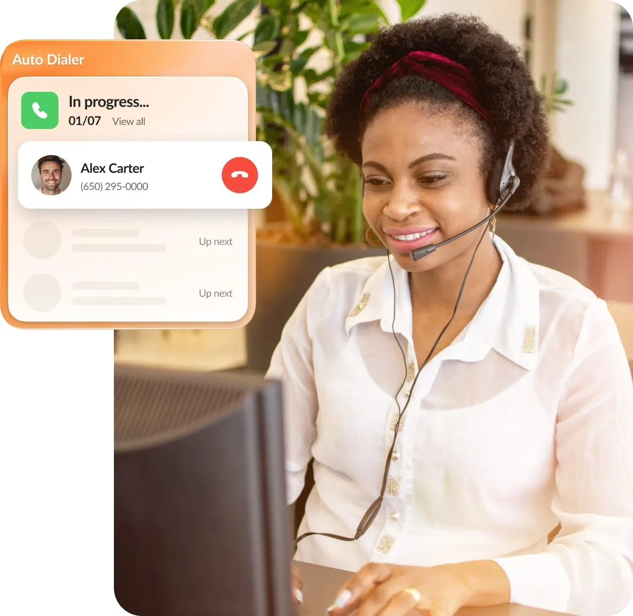  A contact center agent wearing a headset in front of a computer with inlay of RingCX auto dialer making a call to Alex Carter