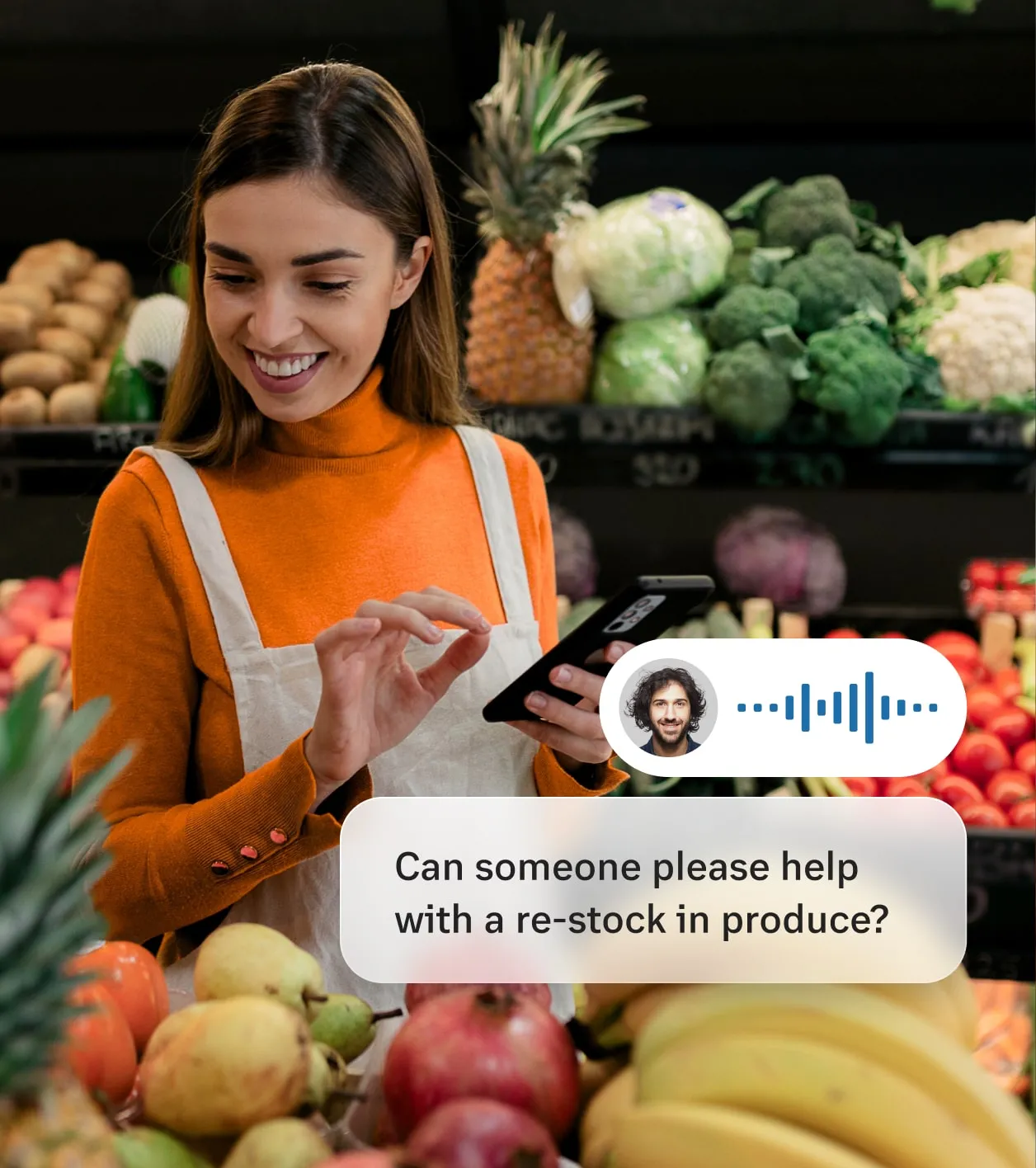 A female employee in a grocery received a message via the RingCentral app asking to re-stock the produce