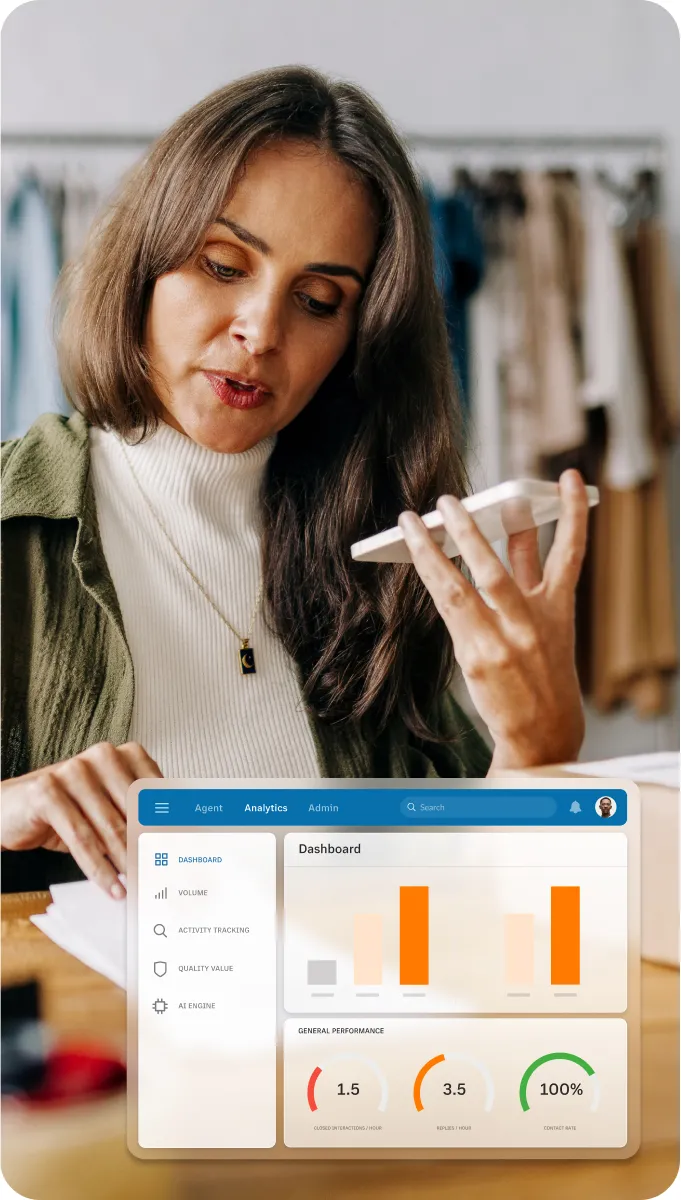 A woman looking at receipts with an insert of the Analytics dashboard of the RingCentral app