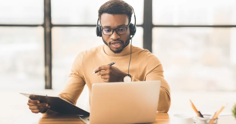 An employee using internet phone service